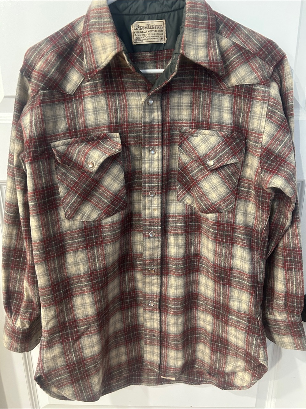 Vintage Pendleton Red, Cream and Gray Plaid Wool Shirt Jacket Pearl Buttons
